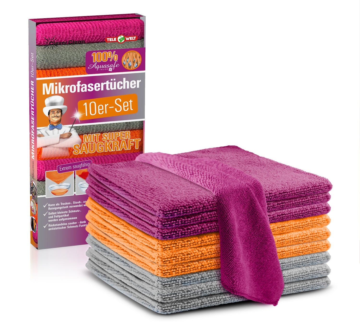 Clever Clean Super Mikrofasertücherset 10-tlg in 3 Farben (orange, grau, beere)