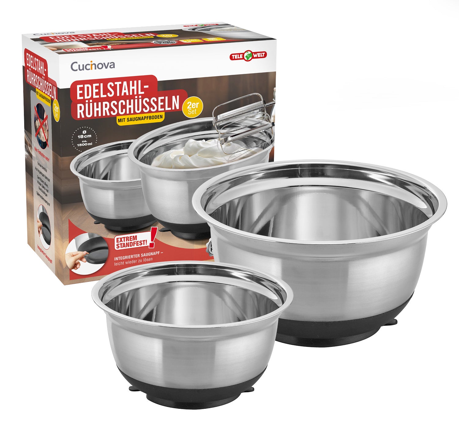 Cucinova 2er Set Edelstahlrührschüssel Set 18 cm und 22 cm mit Saugnapf