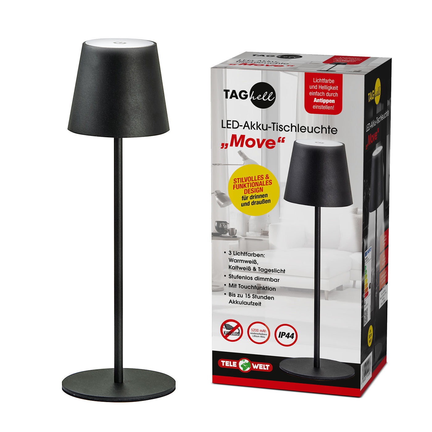 Taghell LED Tischleuchte Move, schwarz